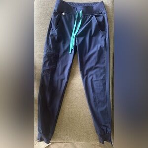 Figs Womens Cargo Pants in Navy with Teal Drawstring Zamora Joggers